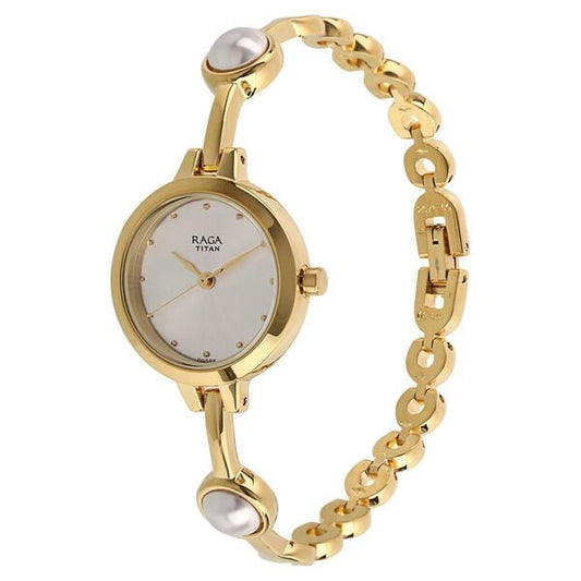 Titan 2576YM01  Women’s White-Dial Analog Watch with Gold Metal Strap