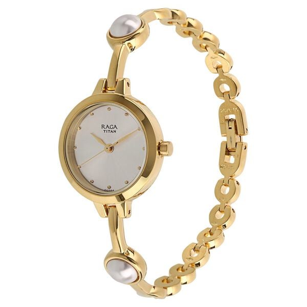 Titan 2576YM01 White Dial Analog Watch for Women – Golden Stainless Steel Bracelet, Quartz Movement, Mineral Glass, Round Metal Case
