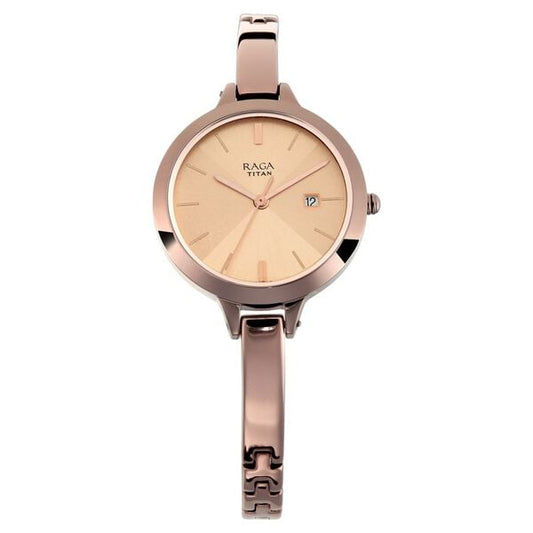 Titan 2578QM01 Women’s Rose-Gold Dial Analog Watch with Brown Metal Strap