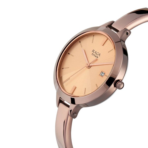 Titan 2578QM01 Women’s Rose-Gold Dial Analog Watch with Brown Metal Strap