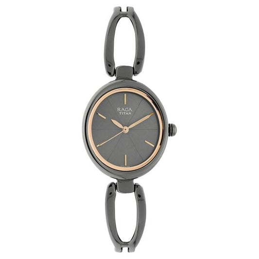 Titan 2579QM01 Anthracite Dial Analog Quartz Metal Strap Women’s Watch – Grey Band, Oval Case, Elegant Design