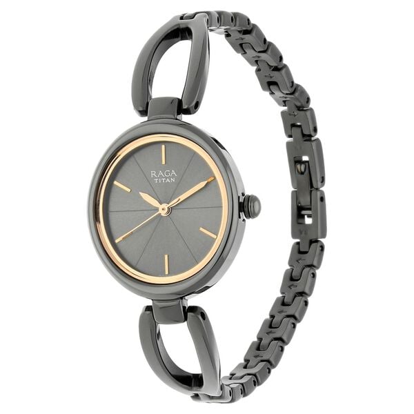 Titan 2579QM01 Anthracite Dial Analog Quartz Metal Strap Women’s Watch – Grey Band, Oval Case, Elegant Design