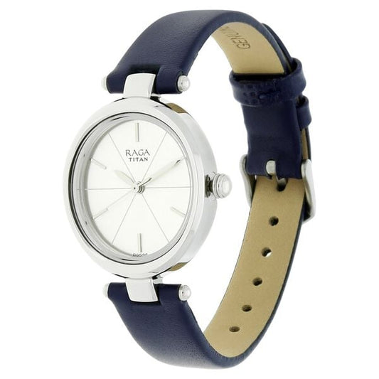 Titan 2579SL01 Women’s Silver-Dial Analog Watch with Blue Leather Strap