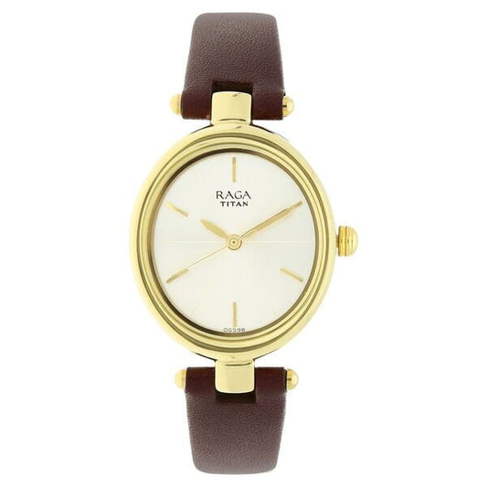 Titan 2579YL01 Champagne Dial Analog Watch for Women – Brown Leather Strap, Quartz Movement