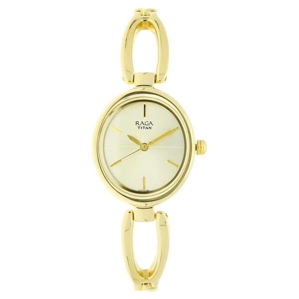 Titan 2579YM01 Champagne Dial Analog Quartz Stainless Steel Women’s Watch – Gold Band, Oval Case, Jewellery Clasp