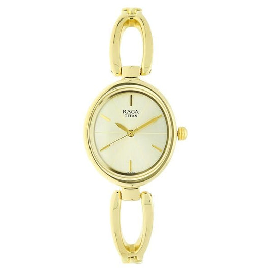 Titan 2579YM01 Champagne Dial Analog Quartz Stainless Steel Women’s Watch – Gold Band, Oval Case, Jewellery Clasp