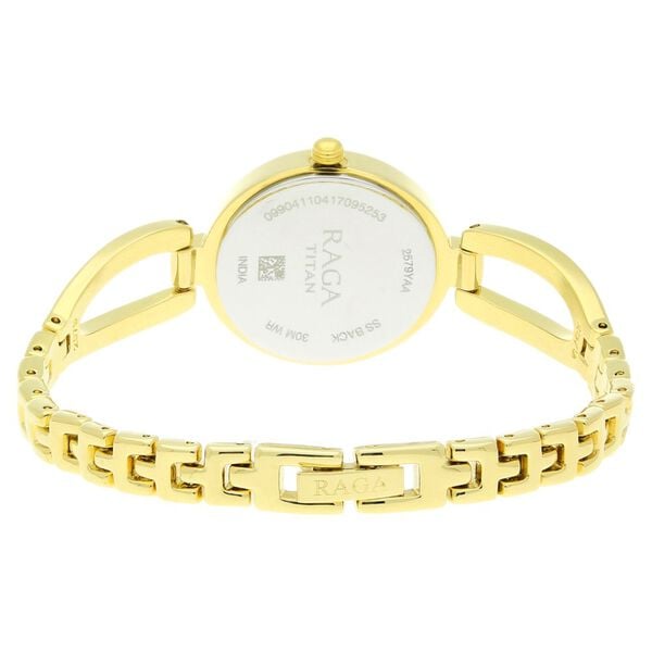 Titan 2579YM01 Champagne Dial Analog Quartz Stainless Steel Women’s Watch – Gold Band, Oval Case, Jewellery Clasp