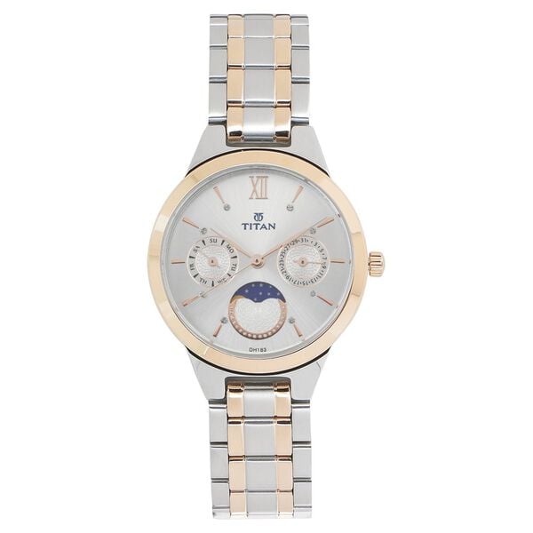 Titan 2590KM01 Women’s White-Dial Analog Watch with Moonphase & Two-Tone Metal Strap
