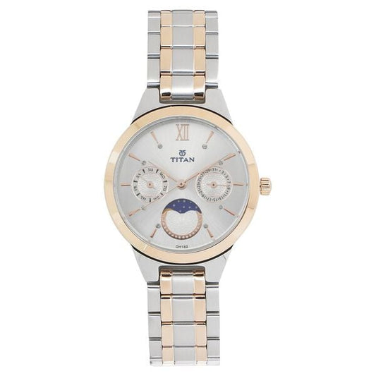 Titan 2590KM01 Women’s White-Dial Analog Watch with Moonphase & Two-Tone Metal Strap