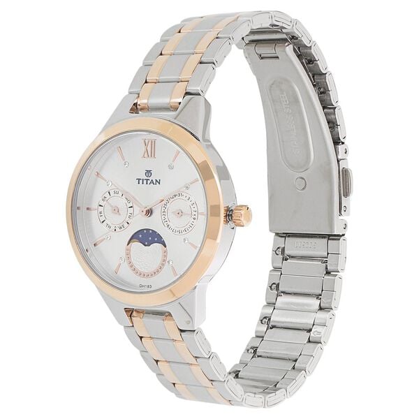 Titan 2590KM01 Women’s White-Dial Analog Watch with Moonphase & Two-Tone Metal Strap