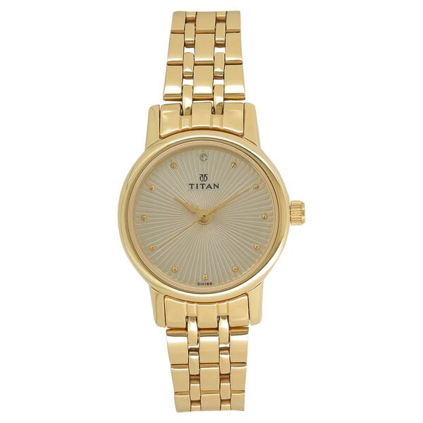 Titan 2593YM01 Quartz Analog Watch for Women – Champagne Dial, Golden Stainless Steel Strap, Mineral Glass, Round Metal Case