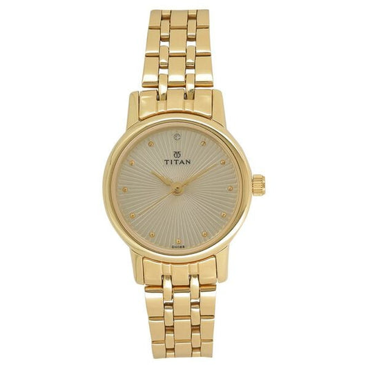 Titan 2593YM01 Quartz Analog Watch for Women – Champagne Dial, Golden Stainless Steel Strap, Mineral Glass, Round Metal Case