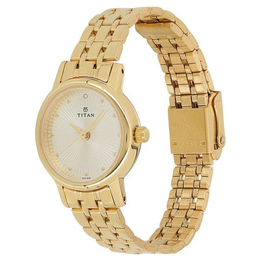 Titan 2593YM01 Quartz Analog Watch for Women – Champagne Dial, Golden Stainless Steel Strap, Mineral Glass, Round Metal Case