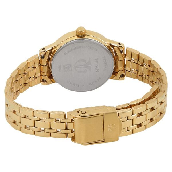 Titan 2593YM01 Quartz Analog Watch for Women – Champagne Dial, Golden Stainless Steel Strap, Mineral Glass, Round Metal Case