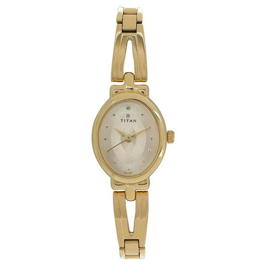 Titan NM2594YM01 Women’s Champagne-Dial Oval Analog Watch with Two-Tone Stainless Steel Strap