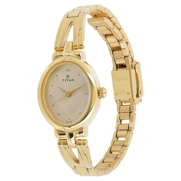 Titan NM2594YM01 Women’s Champagne-Dial Oval Analog Watch with Two-Tone Stainless Steel Strap