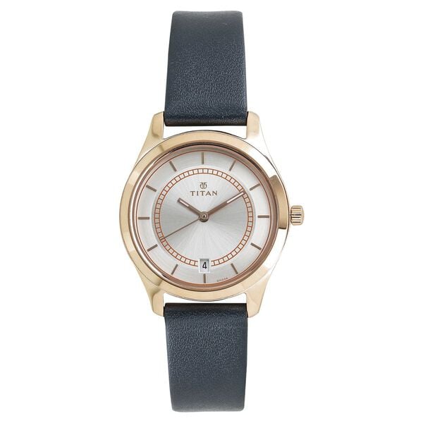Titan 2596WL01 Silver Dial Analog Watch for Women – Blue Leather Strap, Quartz Movement