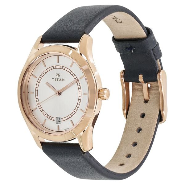 Titan 2596WL01 Silver Dial Analog Watch for Women – Blue Leather Strap, Quartz Movement