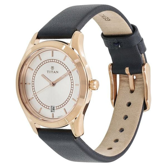 Titan 2596WL01 Silver Dial Analog Watch for Women – Blue Leather Strap, Quartz Movement