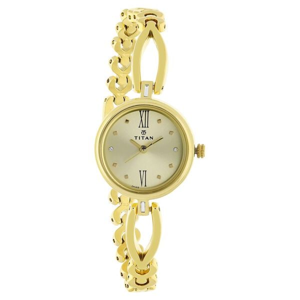 Titan– 2601YM01 Quartz Analog Women’s Watch with Champagne Dial & Golden Metal Strap