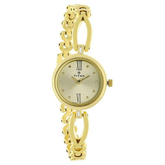 Titan– 2601YM01 Quartz Analog Women’s Watch with Champagne Dial & Golden Metal Strap
