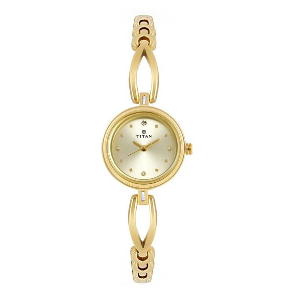 Titan 2601YM02 Champagne Dial Analog Quartz Stainless Steel Women’s Watch – Golden Band, Round Case, Jewellery Clasp