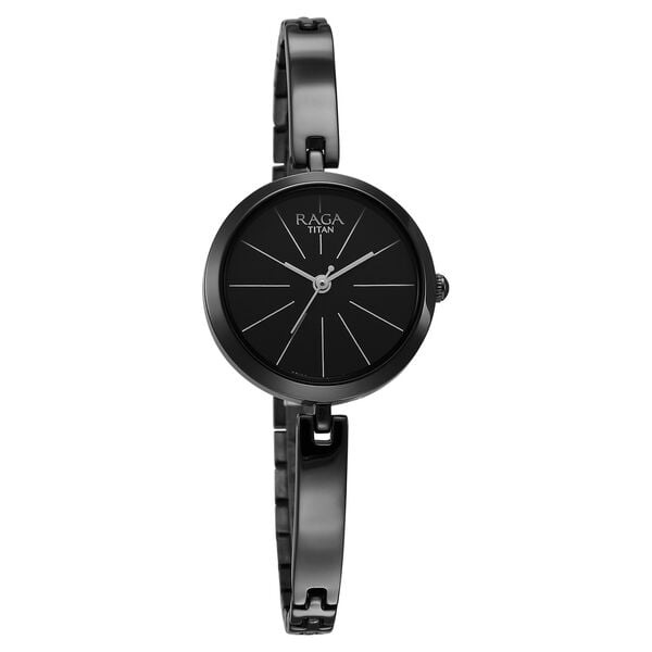Titan 2606QM04 Women’s Black-Dial Analog Watch with Grey Metal Strap