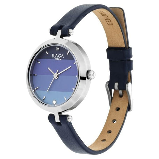 Titan 2606SL02 Blue Dial Analog Quartz Leather Strap Women’s Watch – Navy Band, Round Case, Raga Viva