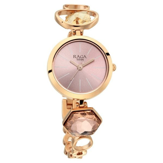 Titan 2606WM09 Women’s Pink-Dial Analog Watch with Rose-Gold Metal Strap