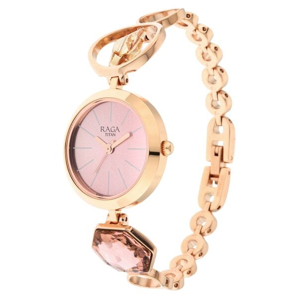 Titan 2606WM09 Women’s Pink-Dial Analog Watch with Rose-Gold Metal Strap
