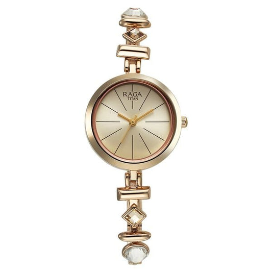 Titan 2606WM12 Champagne Dial Analog Quartz Stainless Steel Women’s Watch – Rose Gold Band, Round Case, Jewellery Clasp