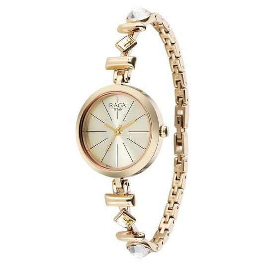 Titan 2606WM12 Champagne Dial Analog Quartz Stainless Steel Women’s Watch – Rose Gold Band, Round Case, Jewellery Clasp