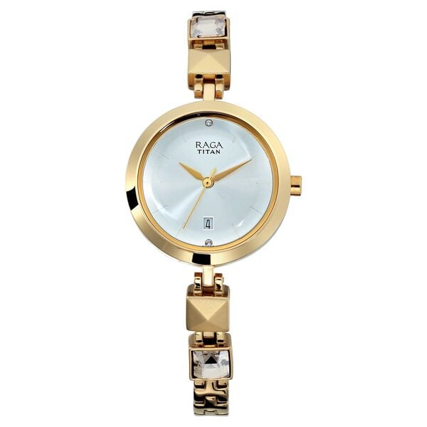 Titan 2606YM01 Silver Dial Analog Quartz Stainless Steel Women’s Watch – Golden Band, Round Case, Date Display