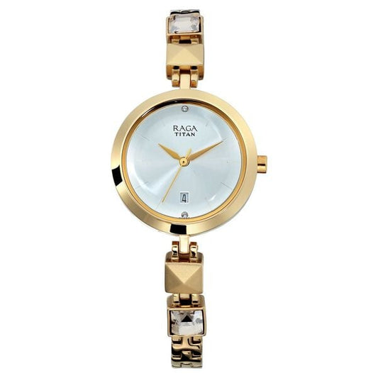 Titan 2606YM01 Silver Dial Analog Quartz Stainless Steel Women’s Watch – Golden Band, Round Case, Date Display