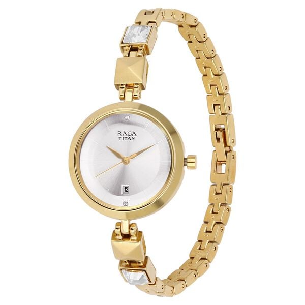 Titan 2606YM01 Silver Dial Analog Quartz Stainless Steel Women’s Watch – Golden Band, Round Case, Date Display