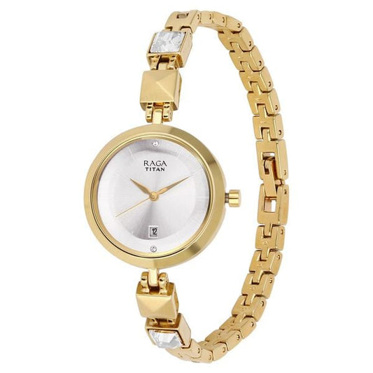 Titan 2606YM01 Silver Dial Analog Quartz Stainless Steel Women’s Watch – Golden Band, Round Case, Date Display