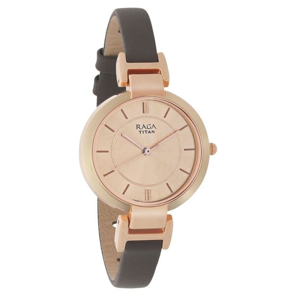 Titan 2608WL01 Women’s Rose-Gold Dial Analog Watch with Grey Leather Strap