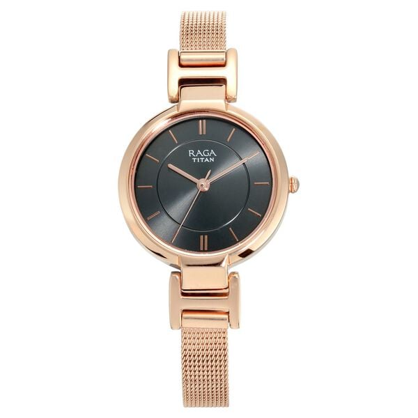 Titan 2608WM02 Women’s Anthracite-Dial Analog Watch with Rose-Gold Metal Strap