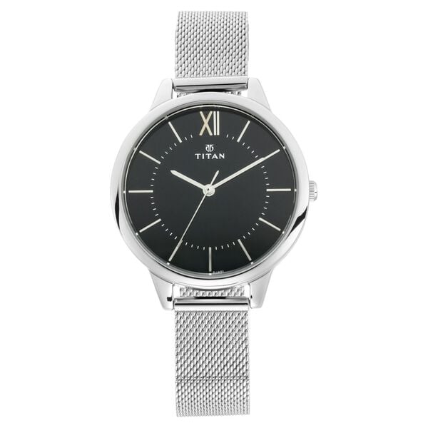 Titan 2617SM01 Women’s Black-Dial Analog Watch with Silver Stainless-Steel Strap