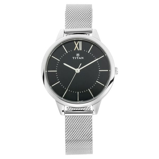Titan 2617SM01 Women’s Black-Dial Analog Watch with Silver Stainless-Steel Strap