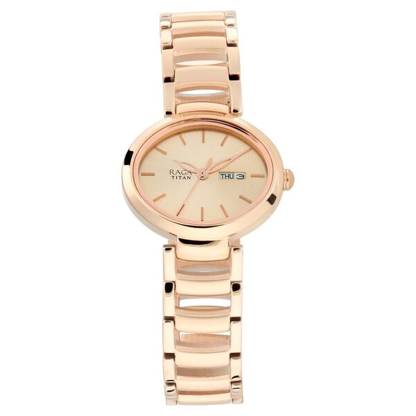 Titan 2620WM01 Rose Gold Dial Analog Quartz Stainless Steel Women’s Watch – Rose Gold Band, Oval Case, Day & Date Display