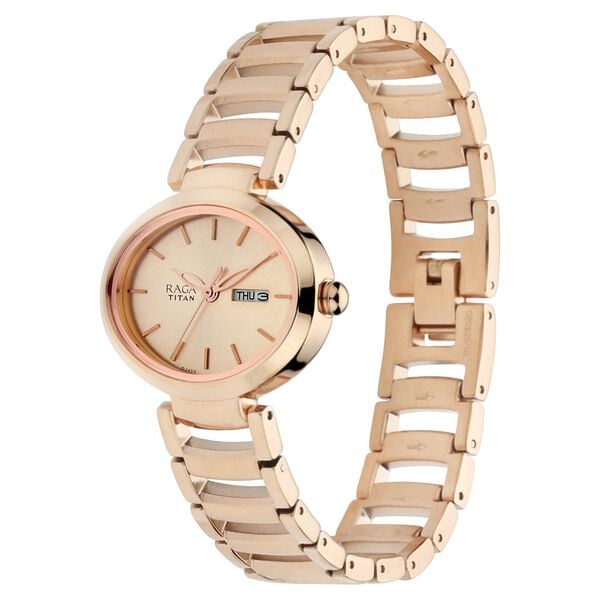 Titan 2620WM01 Rose Gold Dial Analog Quartz Stainless Steel Women’s Watch – Rose Gold Band, Oval Case, Day & Date Display