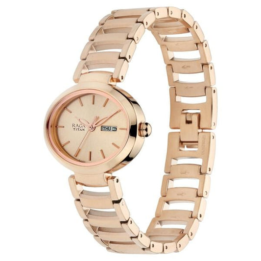Titan 2620WM01 Rose Gold Dial Analog Quartz Stainless Steel Women’s Watch – Rose Gold Band, Oval Case, Day & Date Display