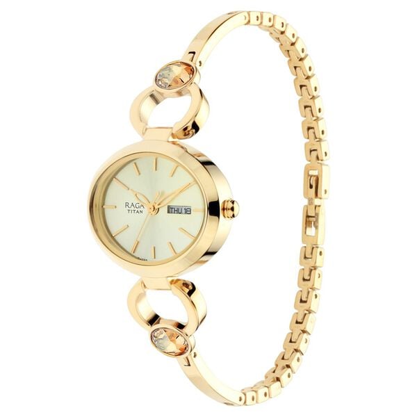 Titan 2621YM01 Analog Quartz Women’s Watch with Champagne Dial and Golden Metal Strap