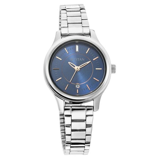 Titan 2638SM01 Quartz Analog With Date Blue Dial Silver Metal Strap Women Watch