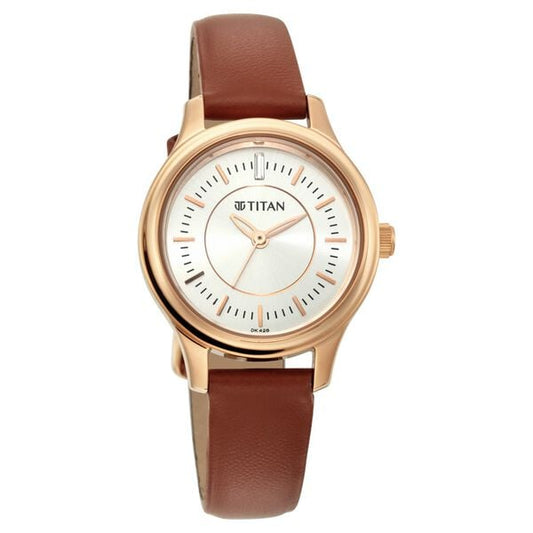 Titan 2638WL01 Quartz Analog Silver Dial 27 mm Metal Case Tan Leather Strap Women Watch