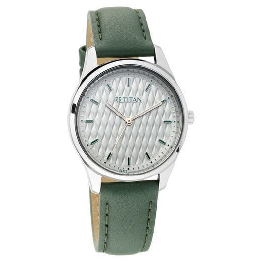 Titan 2639SL04 White Dial Green Leather Strap Women’s Analog Watch