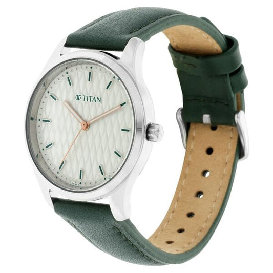Titan 2639SL04 White Dial Green Leather Strap Women’s Analog Watch