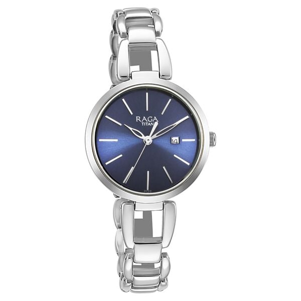 Titan 2642SM02 Blue Dial Analog Quartz Stainless Steel Women’s Watch – Silver Band, Round Case, Date Display
