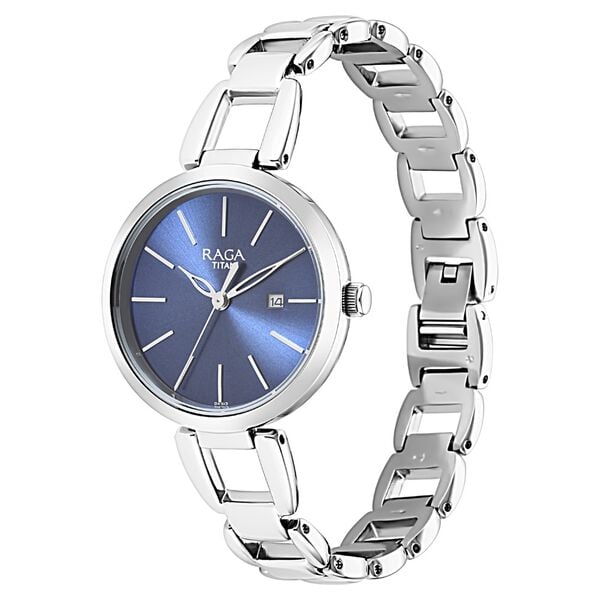 Titan 2642SM02 Blue Dial Analog Quartz Stainless Steel Women’s Watch – Silver Band, Round Case, Date Display